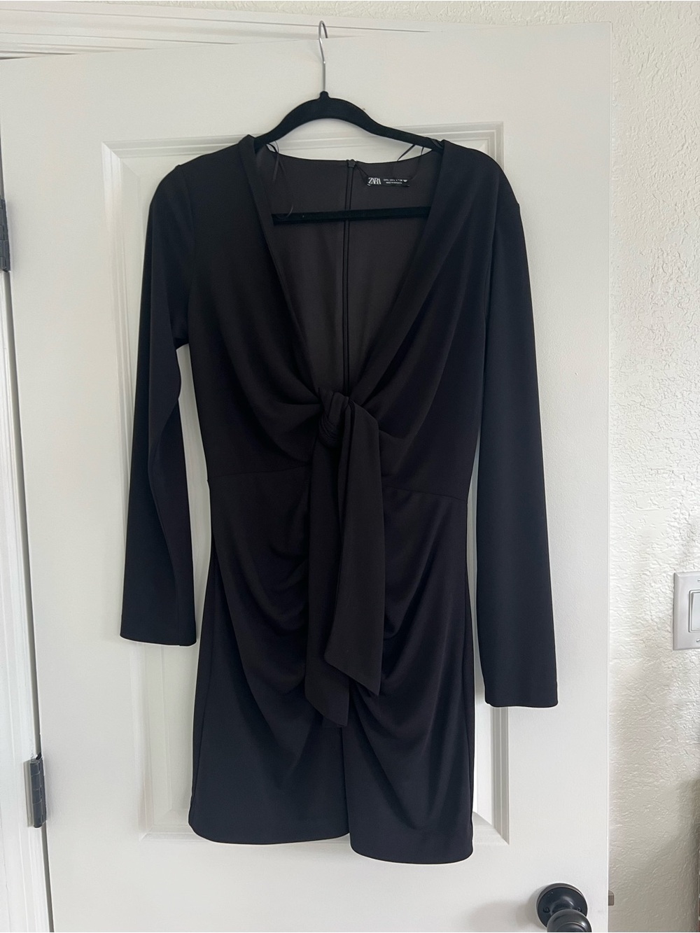 Zara Black Long Sleeve Front-Tie Mini Dress